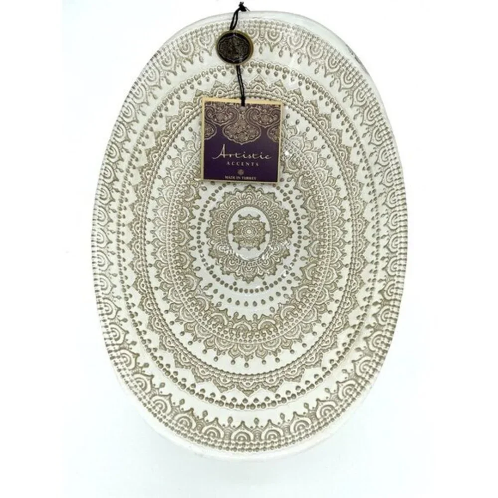 Artistic Accents White Glass Oval Serving Bowl Gold Lace Print Handmade NWT